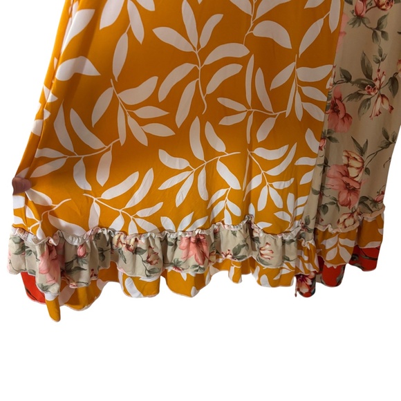 Celeste Mixed Floral Patchwork Ruffle Hem Dress Medium orange tan pink boho - Picture 5 of 12